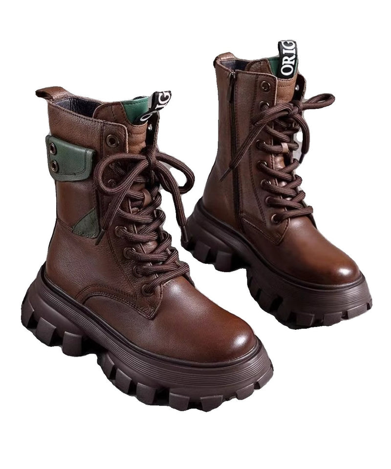 Splicing Platform Boots Black Cowhide Leather Lace Up