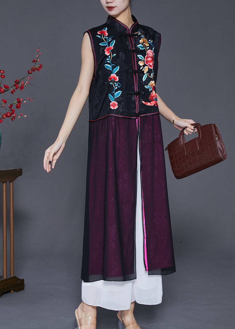 Black Embroideried Patchwork Silk Long Vest Fall