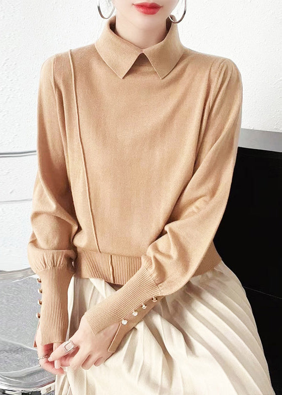 Camel Peter Pan Collar Woolen Knit Sweater Long Sleeve