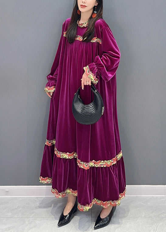New Purple Wrinkled Patchwork Silk Velour Long Dresses Long Sleeve