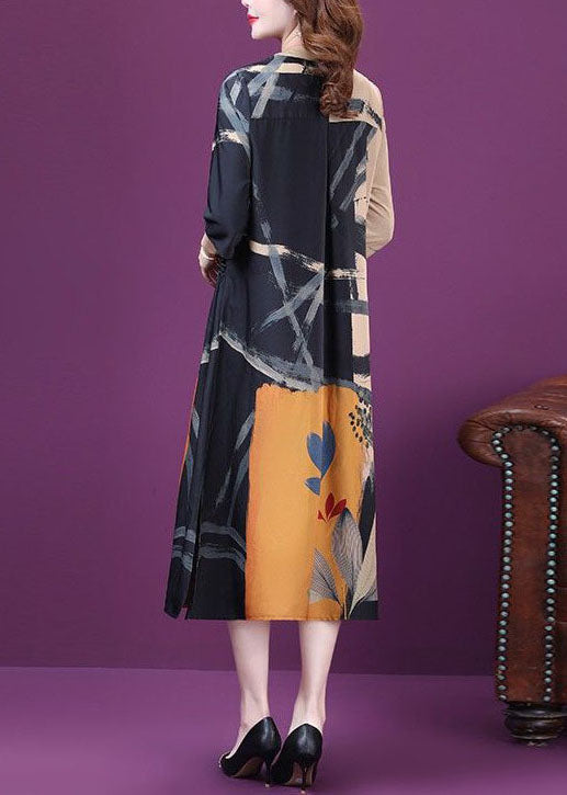 Colorblock Drawstring Side Open Print Silk Dresses Summer
