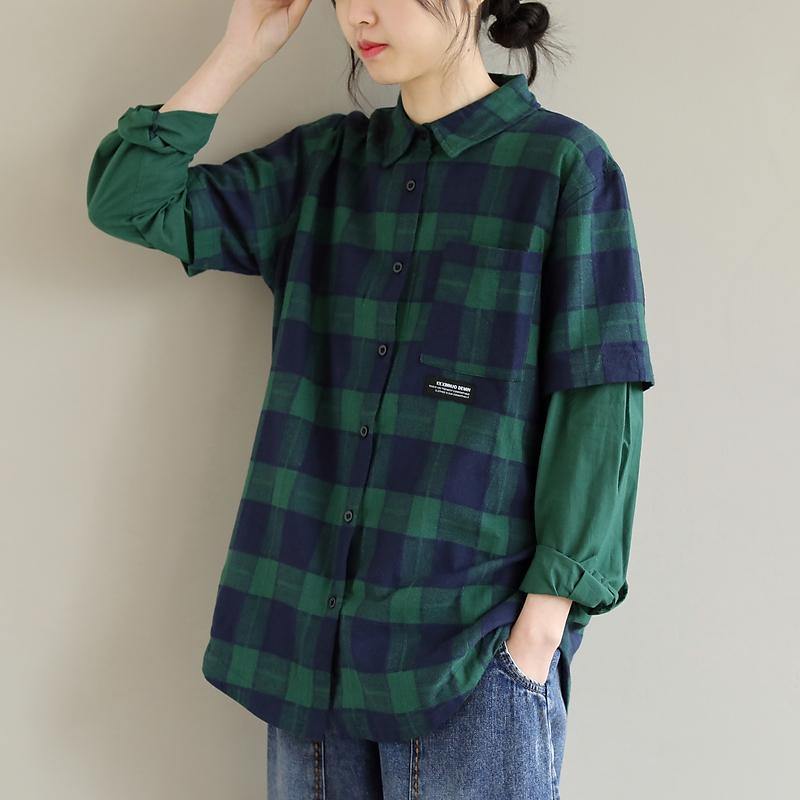 French Blue Green Plaid Tops Blouses Lapel False Two Pieces Shirts