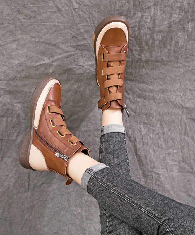 Brown Lace Up Platform Boots Splicing Cowhide Leather Ankle Boots