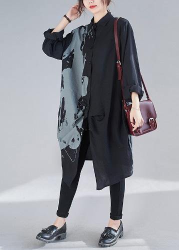 Organic Black Print Dresses Lapel Patchwork Loose Spring Dress