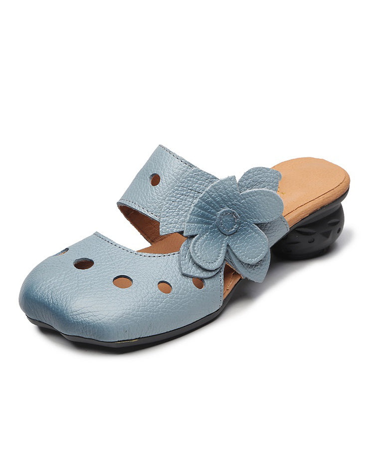 Blue Chunky Cowhide Leather Hollow Out Slide Sandals