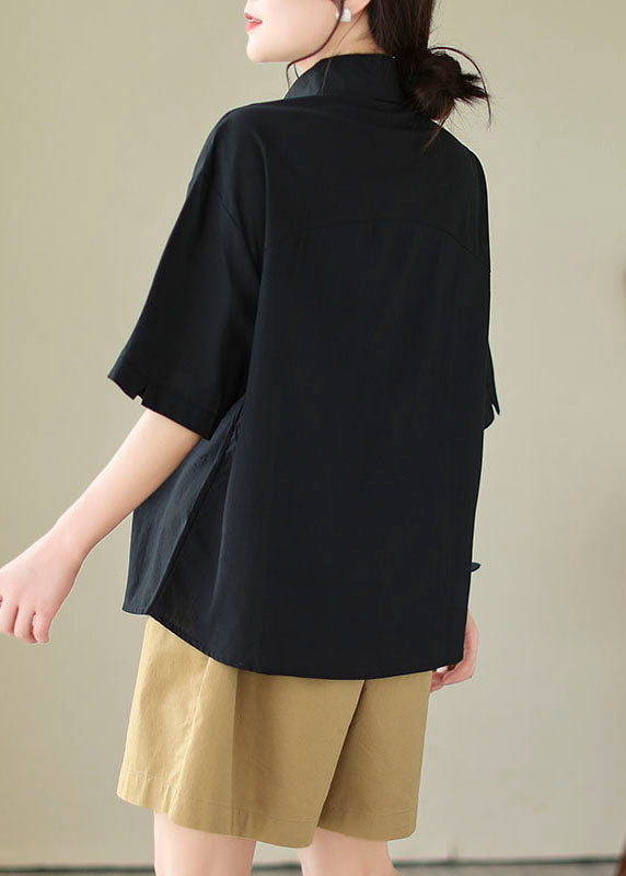 Black Peter Pan Collar Asymmetrical Design Cotton Top Summer
