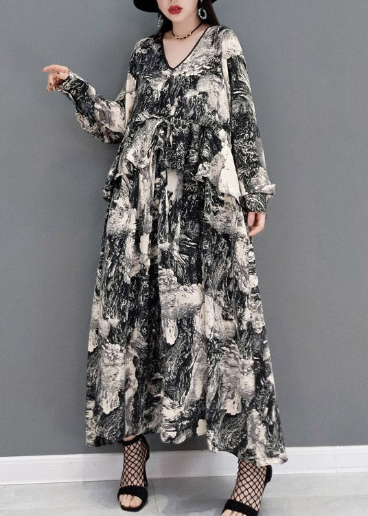 Grey V Neck Print Tie Waist Chiffon Long Dress Long Sleeve