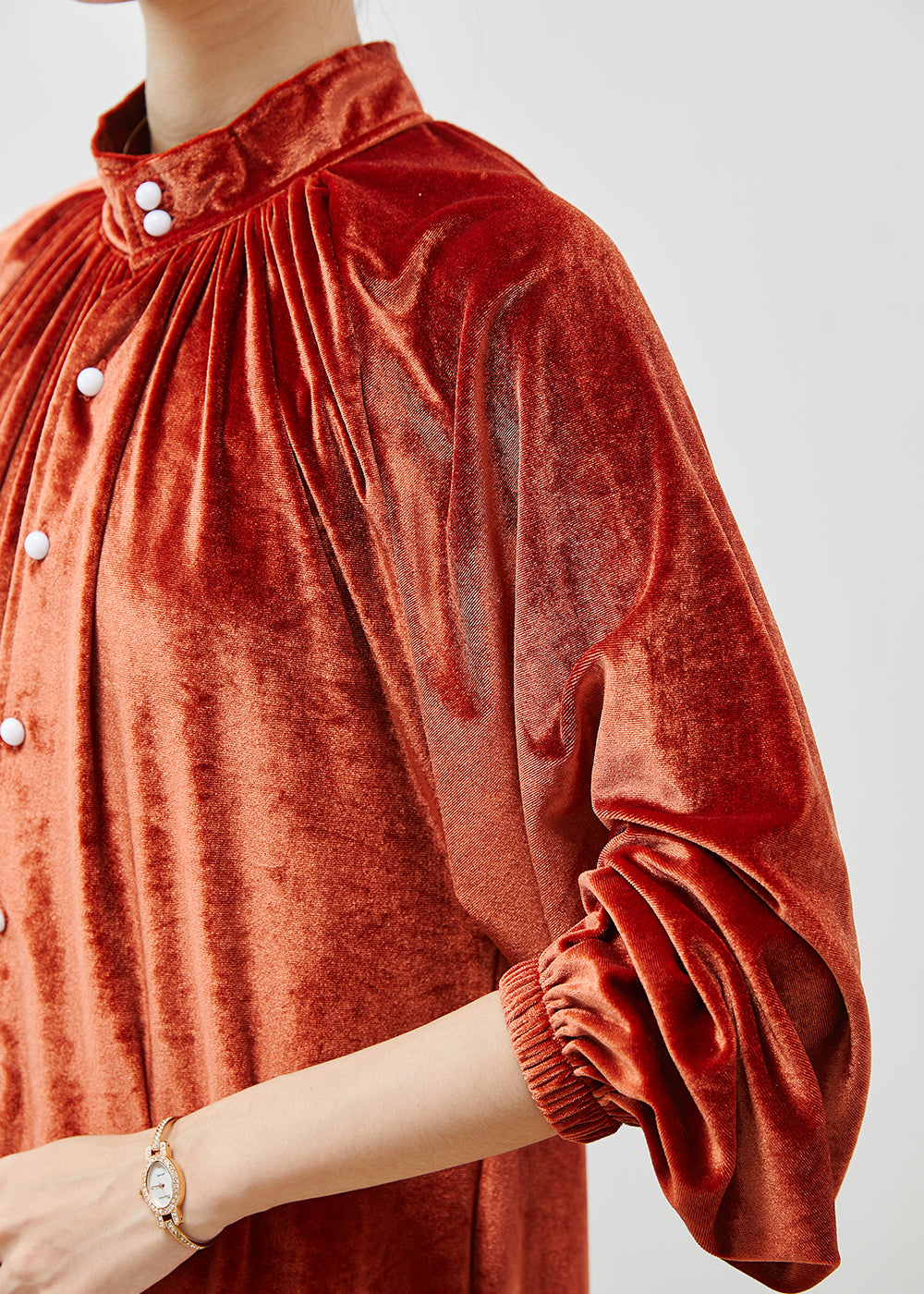 French Orange Stand Collar Silk Velour Long Dresses Fall