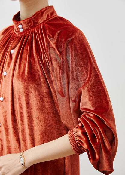 French Orange Stand Collar Silk Velour Long Dresses Fall