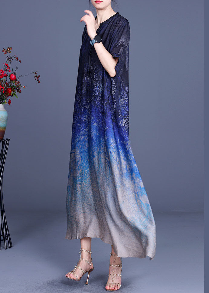 Classy Blue Button Print Fall Half Sleeve Dress