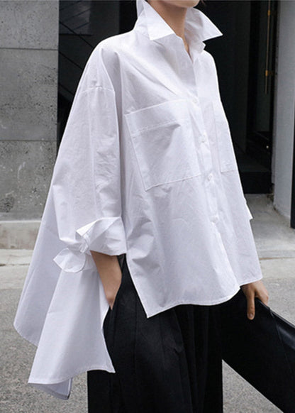 Natural Yellow Flower Peter Pan Collar Low High Design Button Pockets Cotton Shirts Long Sleeve Fall