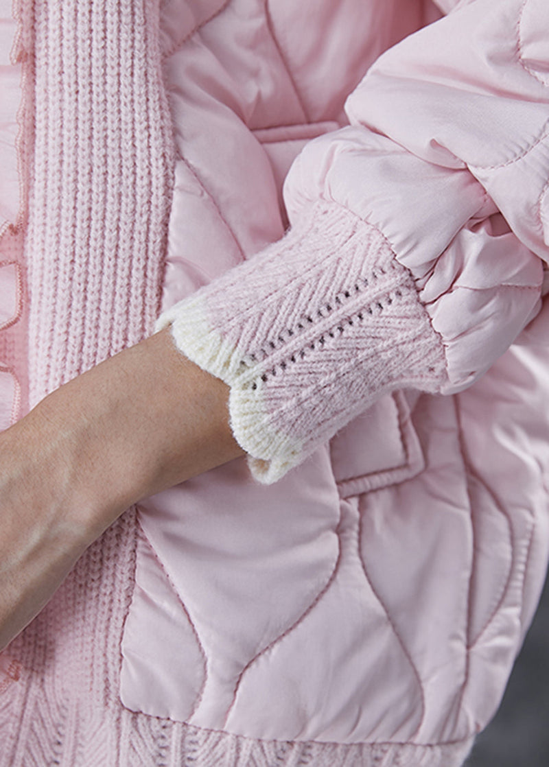 Pink Ruffled Patchwork Knit Fine Cotton Filled Coat Spring