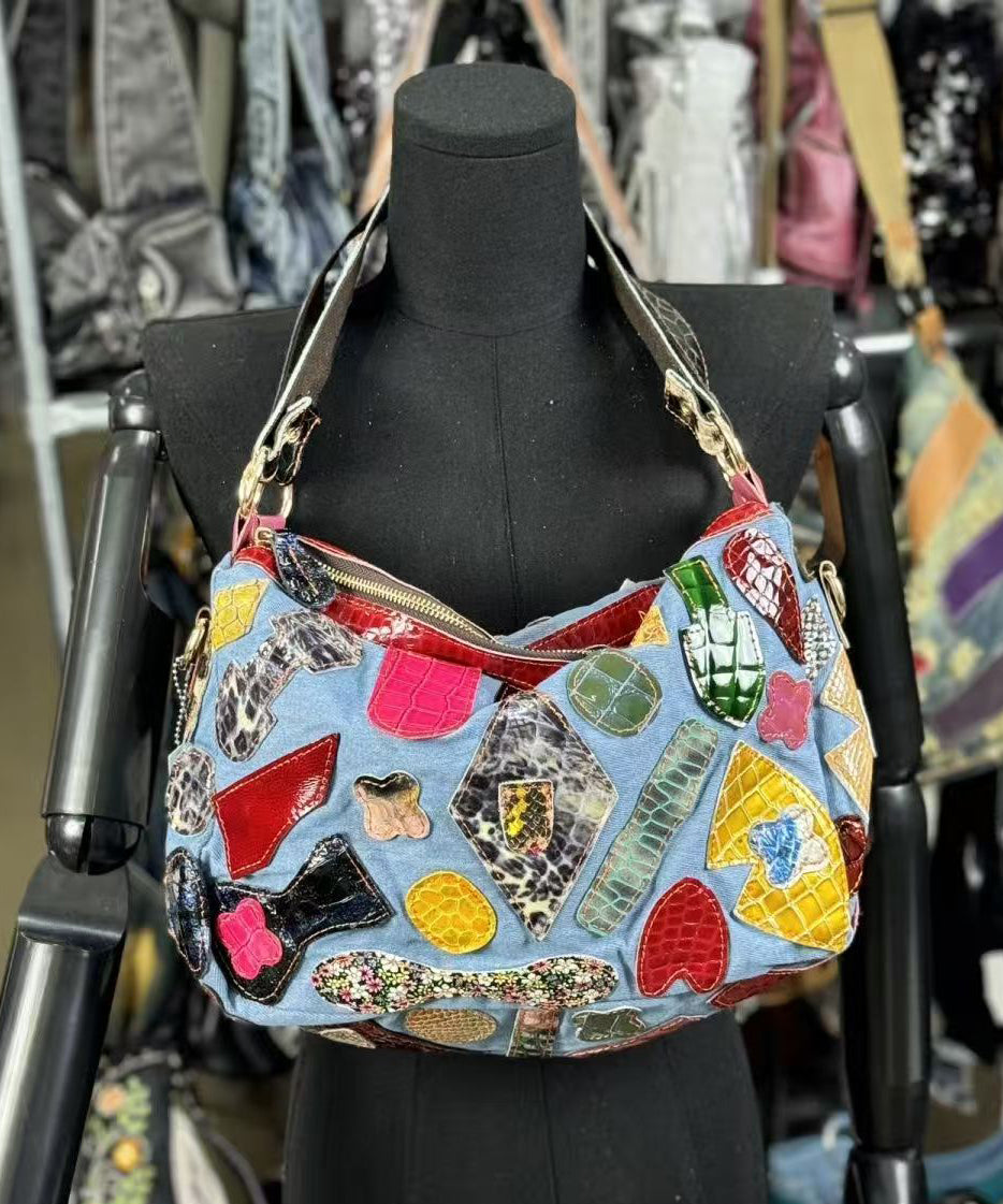 Denim Blue Asymmetrical Patchwork Sheepskin Shoulder Bags