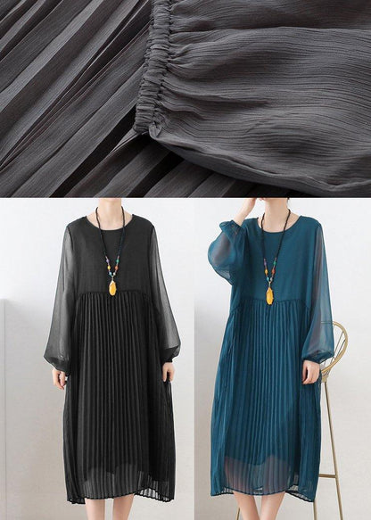 Style Blue Long Sleeve Chiffon O-neck Summer Dresses