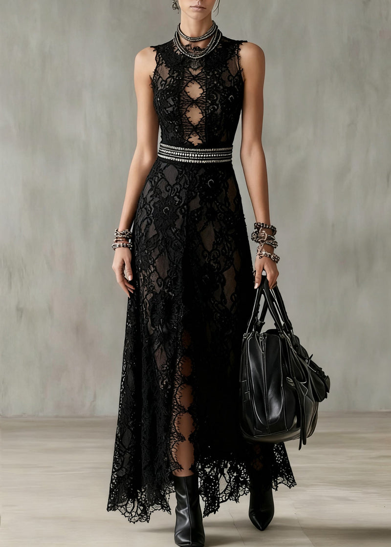 Black Hollow Out Side Open Lace Long Dresses Sleeveless Summer