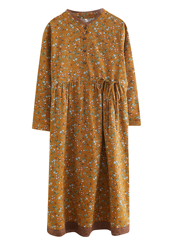 Art Yellow Stand Collar Tie Waist Print Lace Patchwork Dresses Long Sleeve