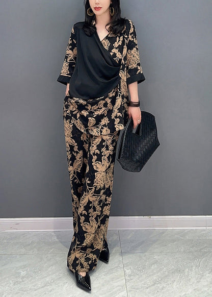 Classy Black V Neck Fake Two Pieces Top and Wide Leg Pants Two Piece Set Spring