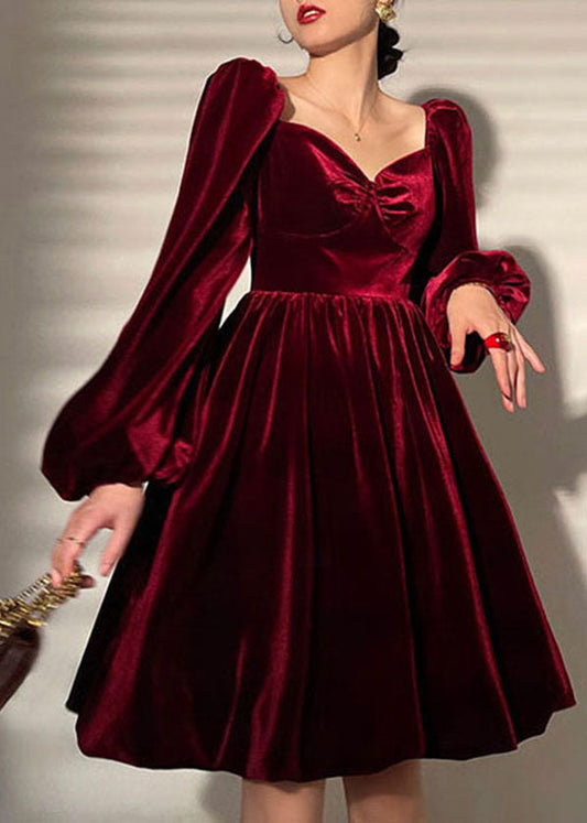 Mulberry Velour Vestidos Party Dress V Neck Lantern Sleeve