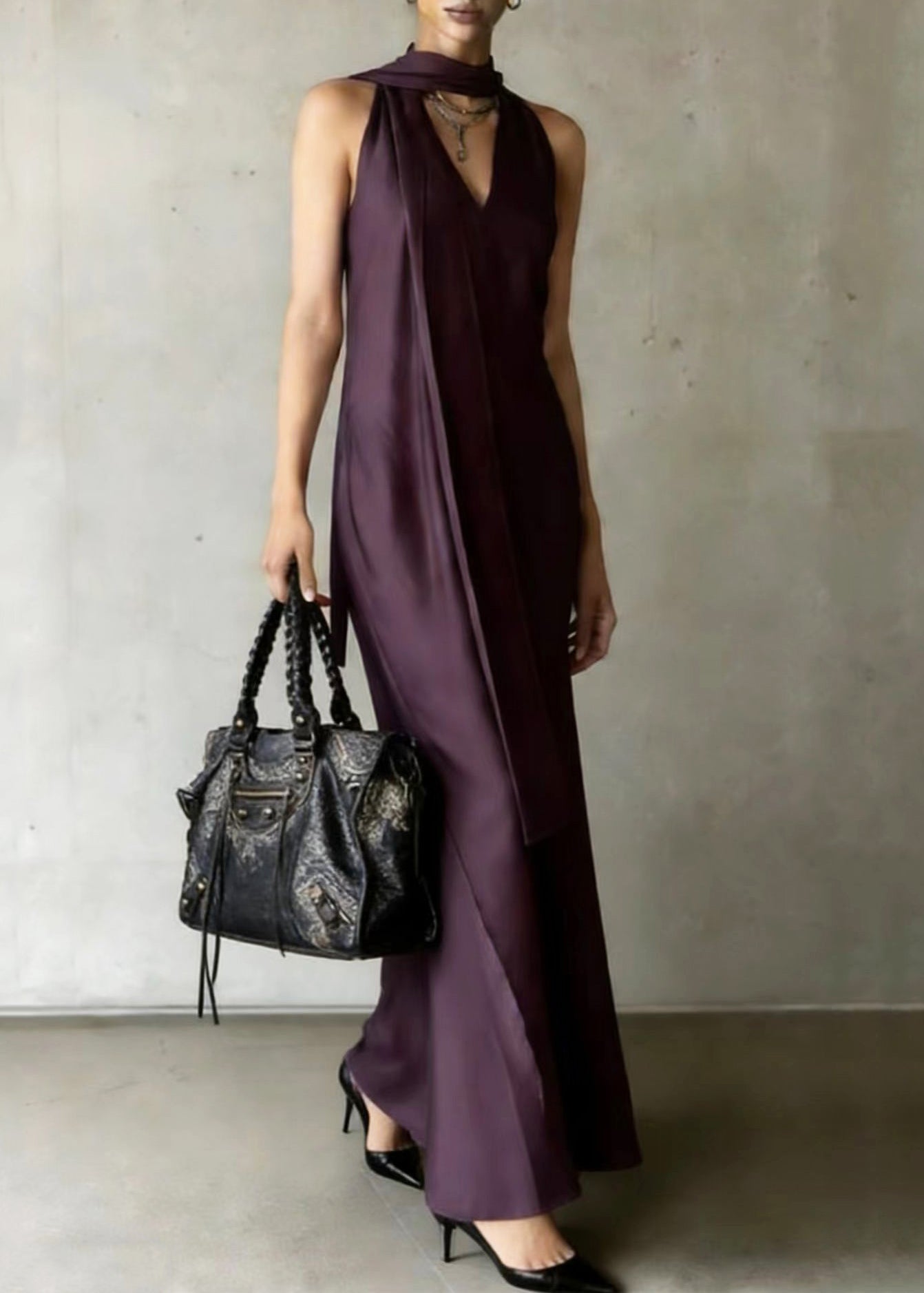 Dull Purple Cold Shoulder With Scarf Chiffon Robe Dresses Summer