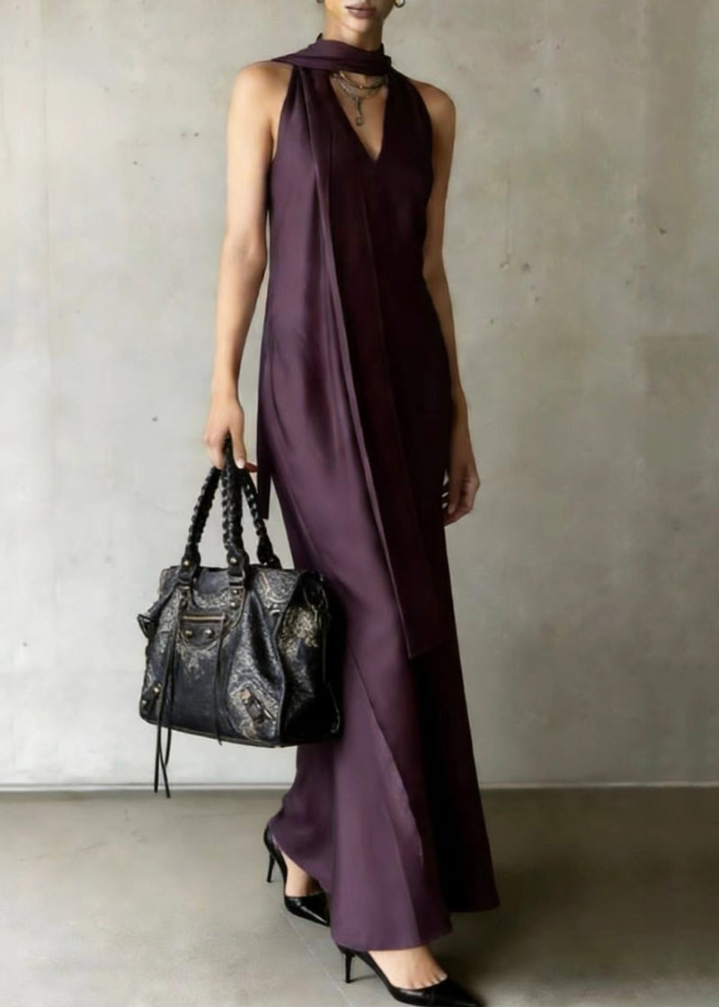 Dull Purple Cold Shoulder With Scarf Chiffon Robe Dresses Summer