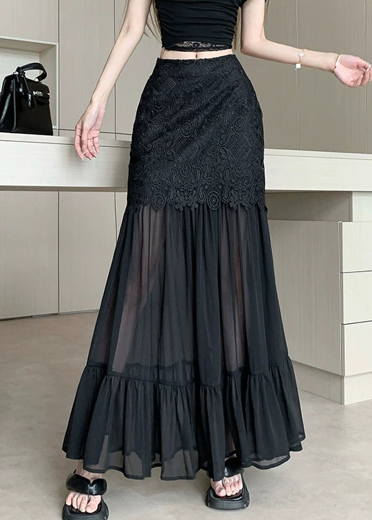 Slim Fit Black Lace High Waist Patchwork Tulle Skirts Summer
