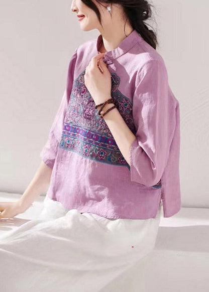 Purple Stand Collar Embroideried Button Linen Shirt Long Sleeve