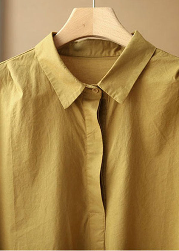 Khaki Peter Pan Collar Patchwork Cotton Shirt Tops Short Sleeve