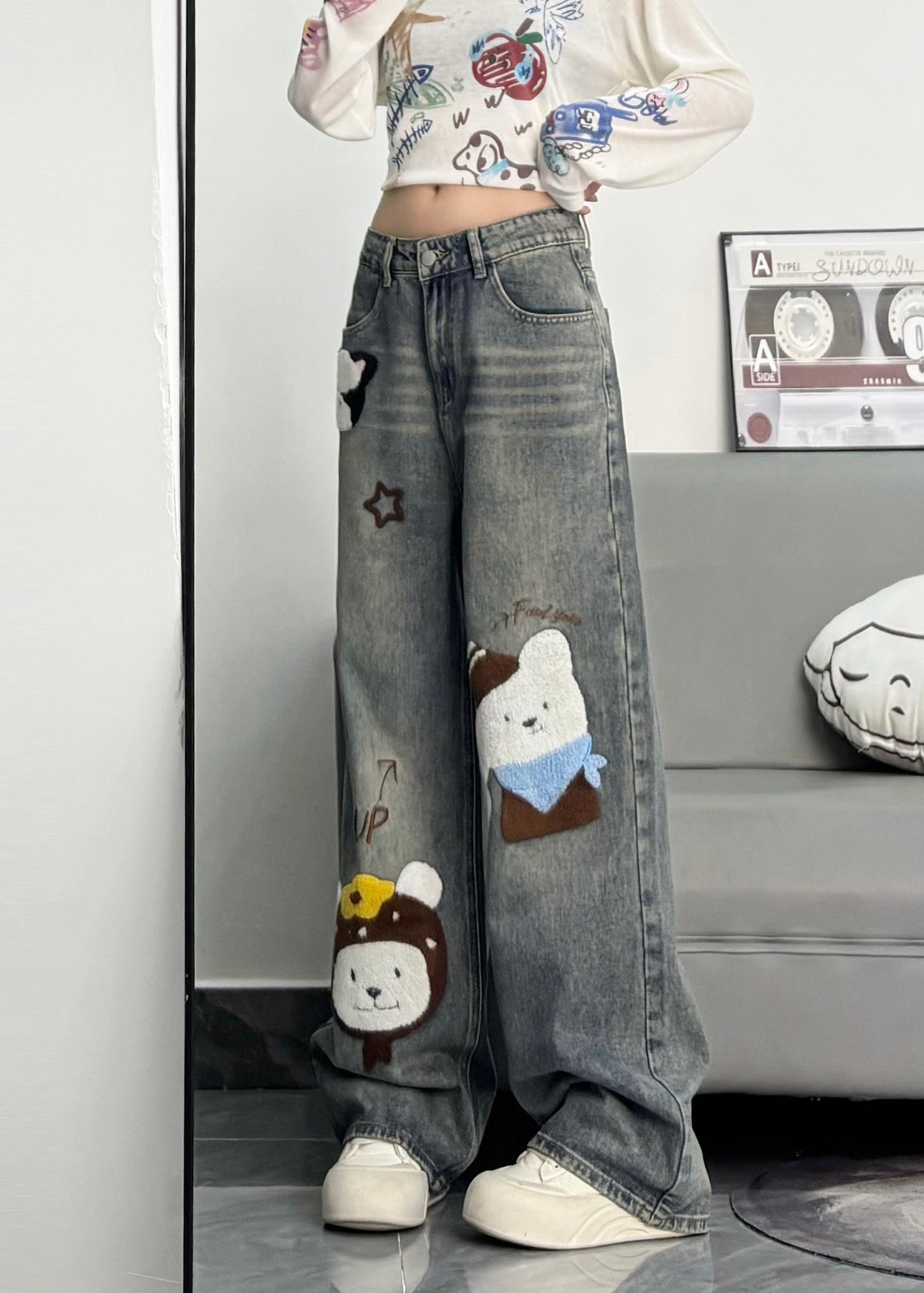 Blue Embroidered Character Denim Pants Spring