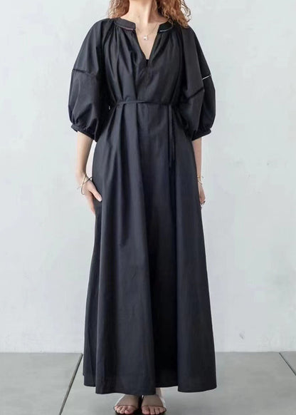 Diy Black V Neck Hollow Out Patchwork Cotton Dress Lantern Sleeve