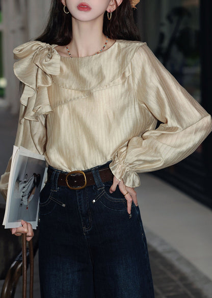 Slim Fit Apricot Striped Lace Up Cotton Blouses Butterfly Sleeve