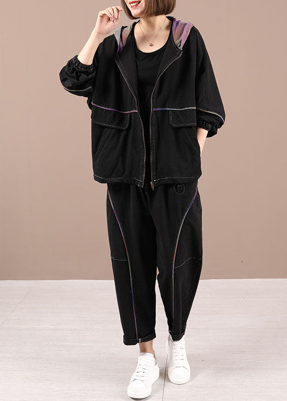 Black Loose Hooded Zippered Fall Two Pieces Set Long Sleeve