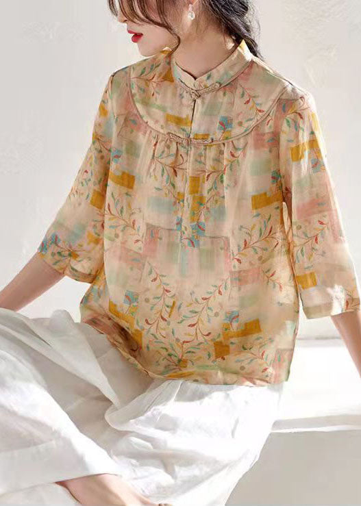 Khaki Stand Collar Print Tops Three Quarter Sleeve