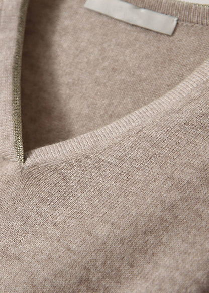 Loose Apricot V Neck Thick Knit Pullover Long Sleeve