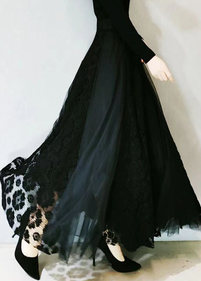 Modern Black High Waist Lace Patchwork Tulle a Line Skirt Spring