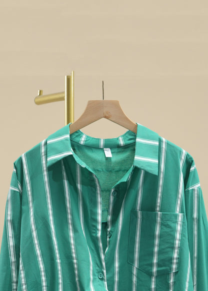 Green Peter Pan Collar Striped Button Cotton Shirt Fall