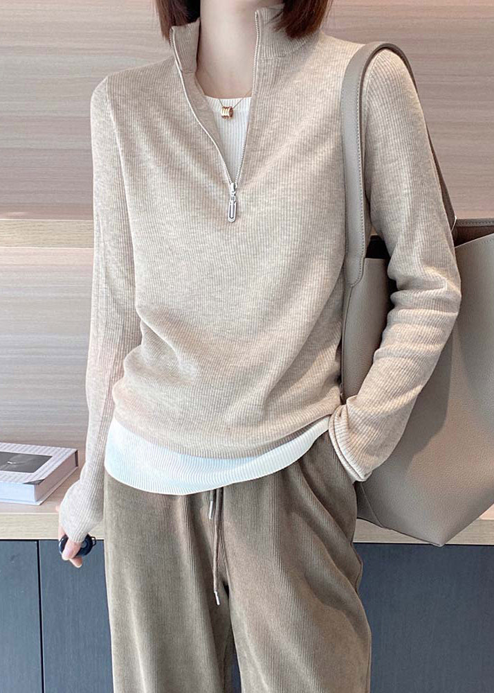 Apricot Stand Collar Zip Up Patchwork Knit Top Fall