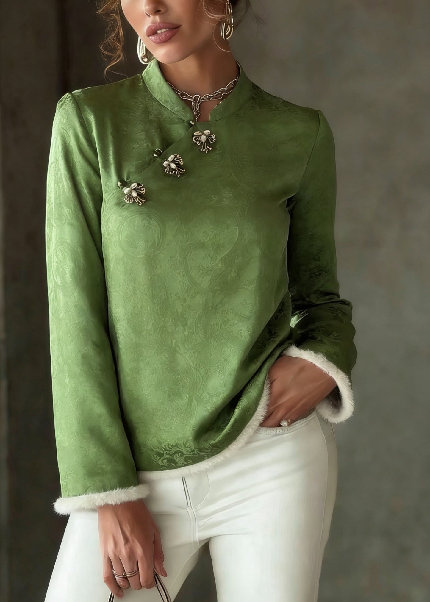 Chinese Style Green Stand Collar Patchwork Button Thick Silk Cotton Top Spring