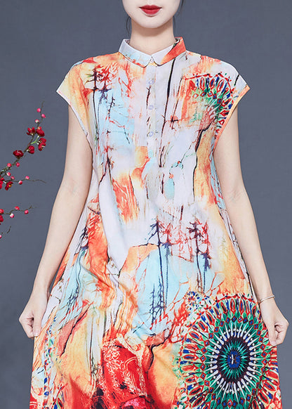 Beige Print Slim Fit Silk Long Dress Summer