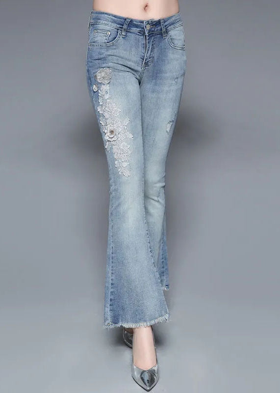 Light Blue High Waist Nail Bead Applique Cotton Denim Flare Pants Summer