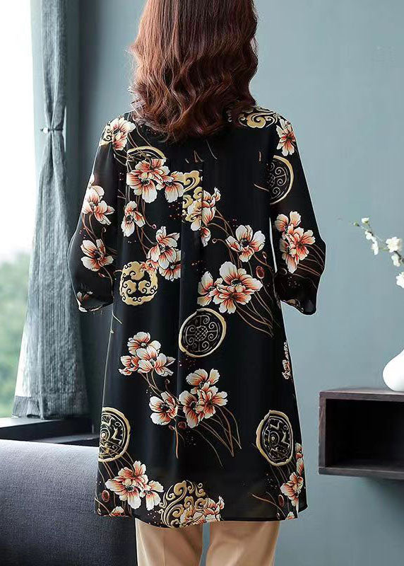 Black Peter Pan Collar Print Patchwork Chiffon Shirts Tops Summer