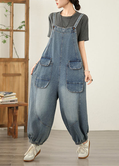 Blue Patchwork Denim Jumpsuit Pockets Spring