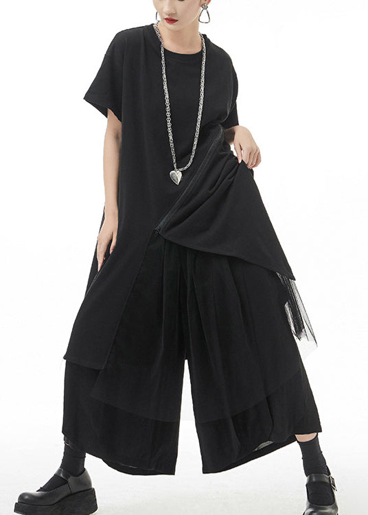 Black O-neck Asymmetrical Maxi Dress Short Sleeve