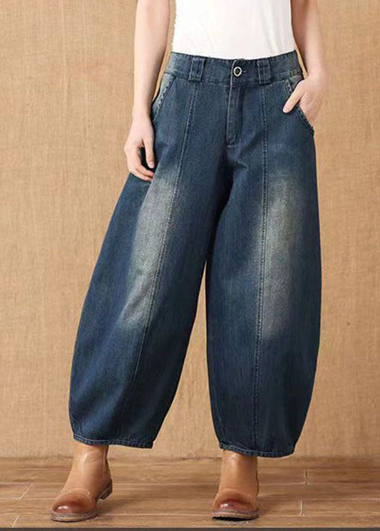 Denim Blue High Waist Pockets Patchwork Cotton Harem Pants Spring