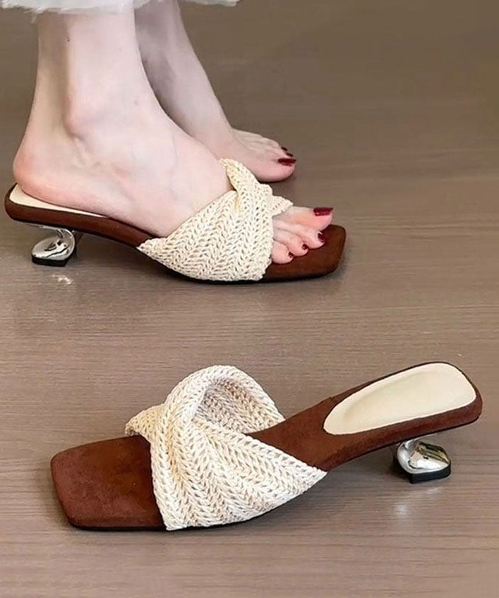 Beige Splicing Stylish High Heel Slide Sandals Peep Toe