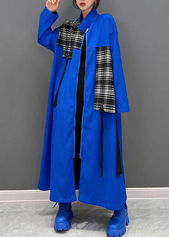 Blue Peter Pan Collar Zippered Patchwork Tassel Maxi Coat Spring