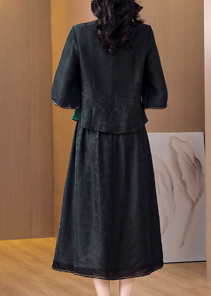 Art Black Embroideried Tops and Skirts Silk Two Piece Set Outfits Summer