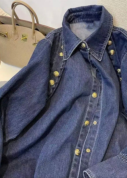 Handmade Dark Blue Peter Pan Collar Patchwork Pockets Button Denim Shirts Fall