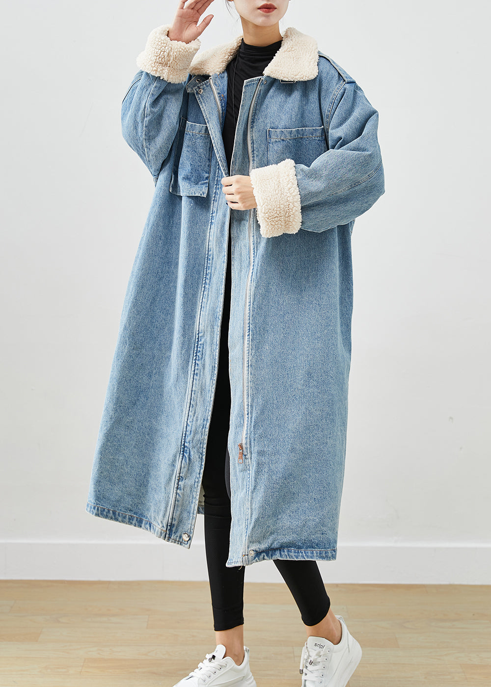 Blue Oversized Pockets Fleece Wool Lined Denim Trench Fall