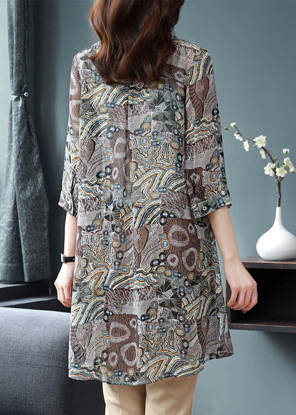 Button Peter Pan Collar Print Chiffon Blouse Tops Three Quarter Sleeve