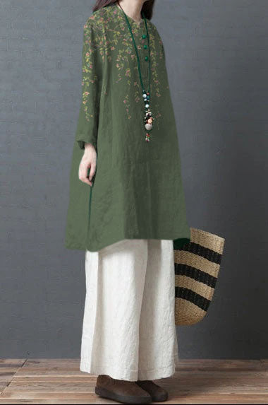 Green Linen Outfit Fabrics Chinese Button Short Side Open Dress Spring
